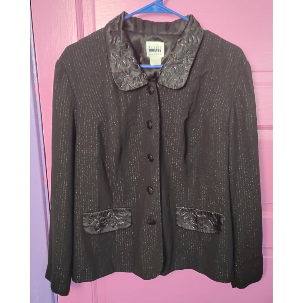 Size 18 Glam Grunge Goth Vintage 80s 90s Metallic Leslie Fay Black Blazer Jacket